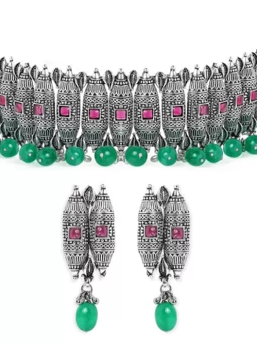 Rubans Silver Plated Handcrafted Green Beads Choker Set