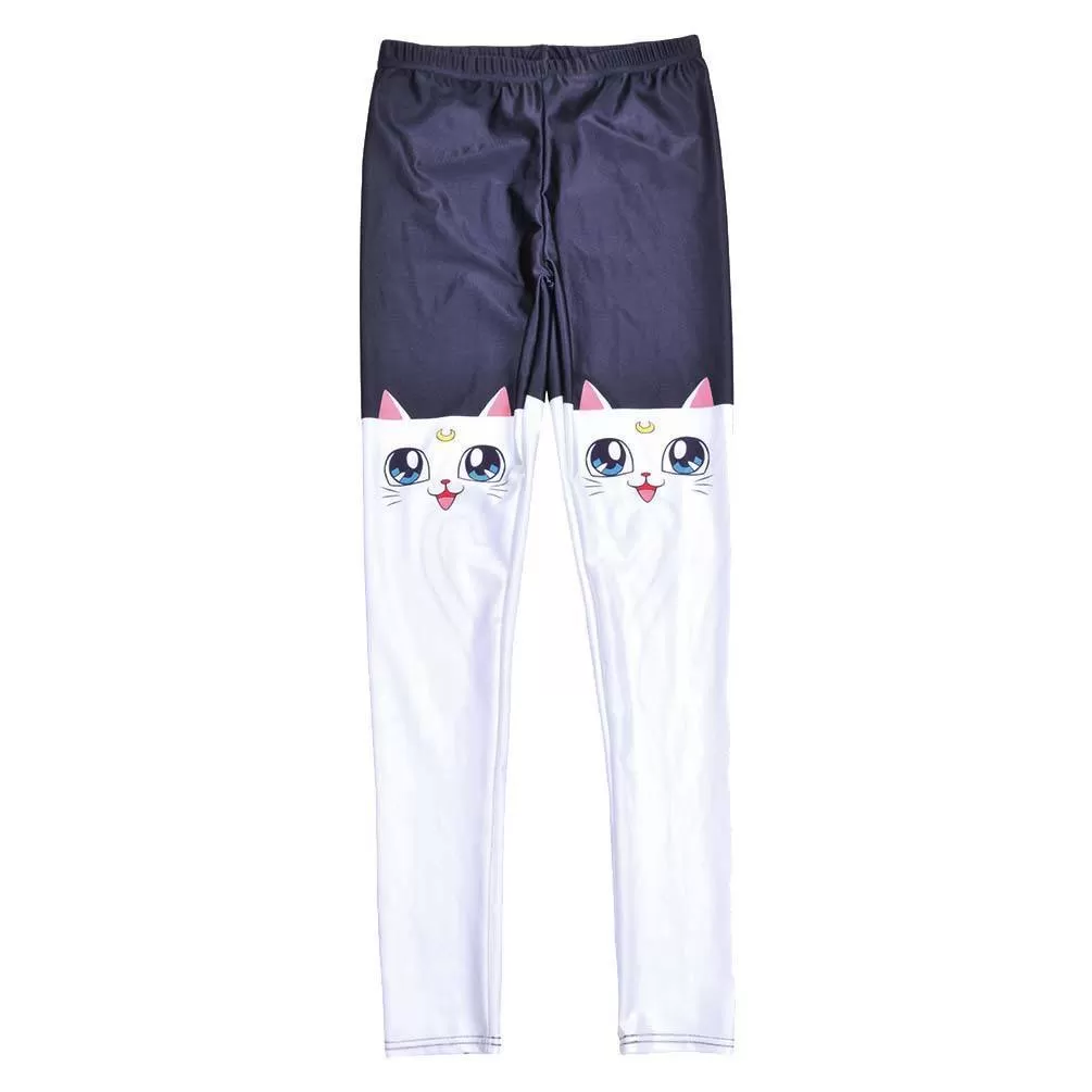 Sailor Moon Artemis White Kitty Cat Print Stretch Leggings for Women | DOTOLY