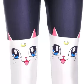 Sailor Moon Artemis White Kitty Cat Print Stretch Leggings for Women | DOTOLY