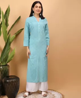 Sky blue hand embroidery cotton chikankari straight kurti