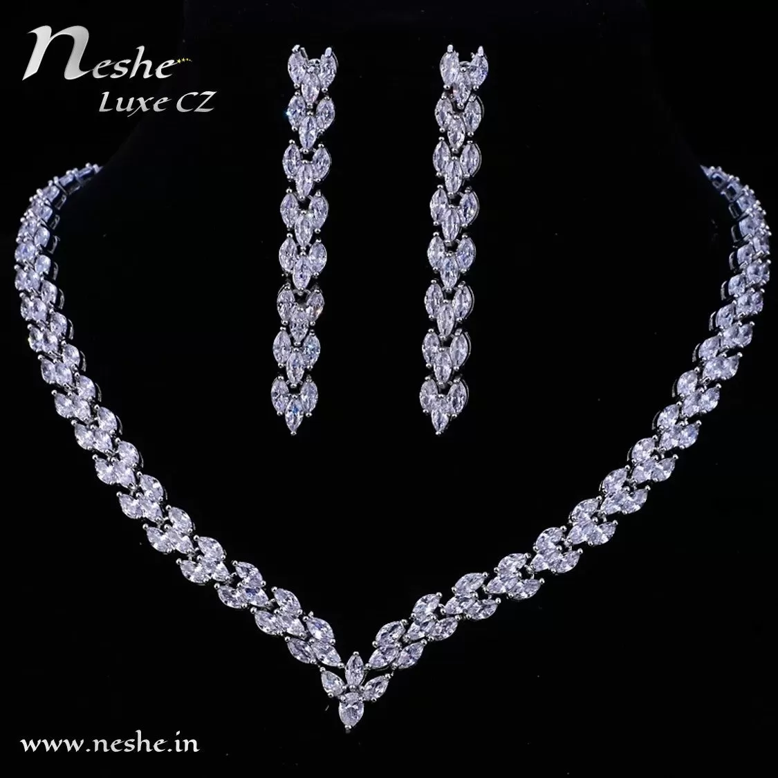 Stylish CZ Crystal Party Wedding Necklace Earrings Set