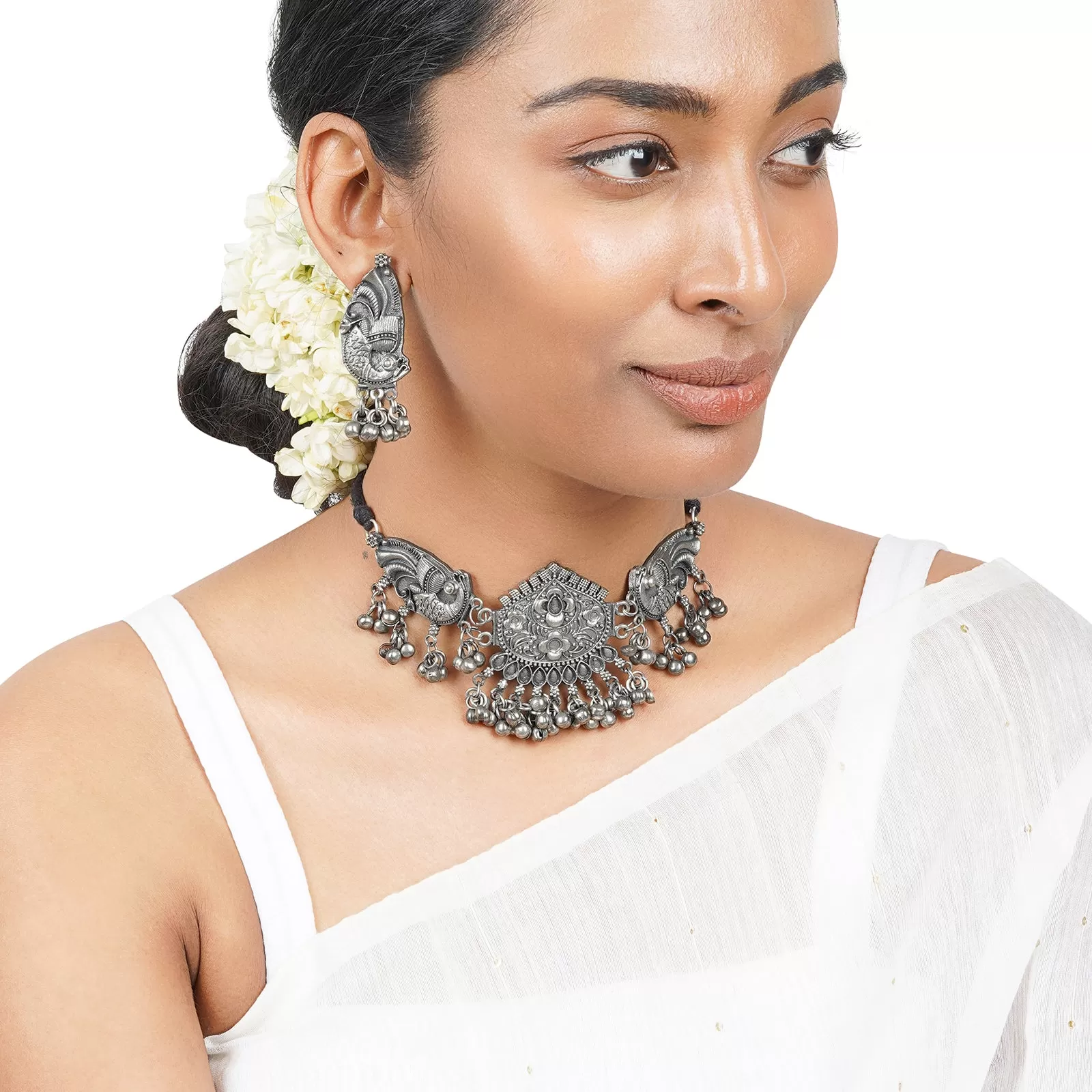 Teejh Aarthi Silver Oxidised Necklace Set