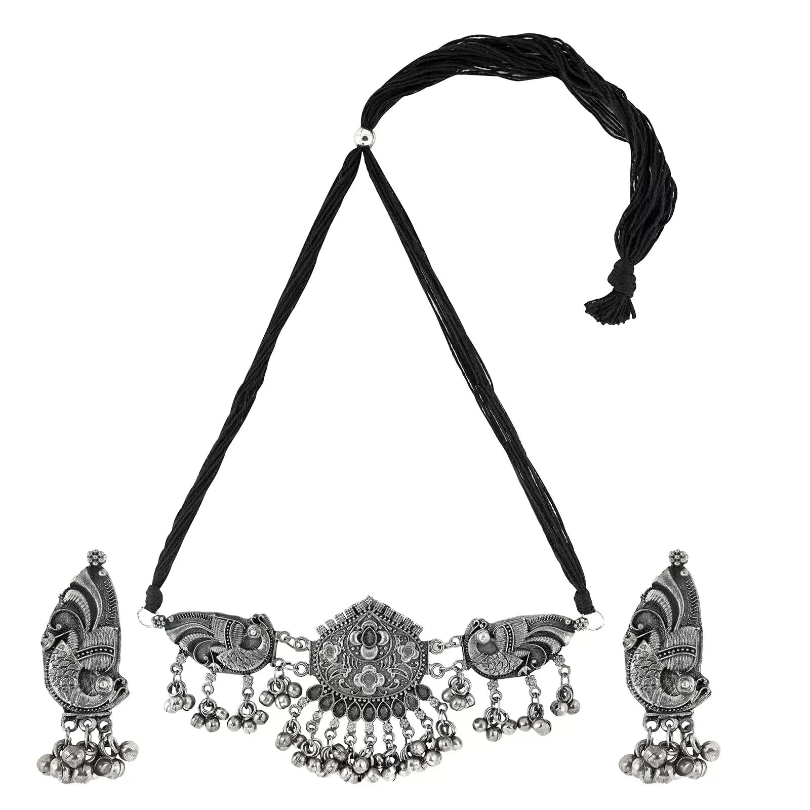 Teejh Aarthi Silver Oxidised Necklace Set