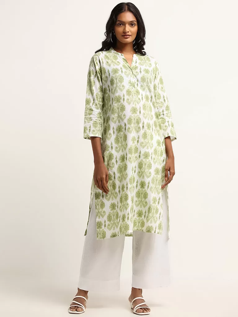 Utsa Green Leaf Print Cotton Blend Kurta