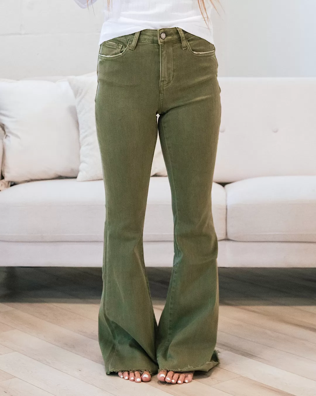 Vervet Devin Non Distressed Flare Jeans - Covert Green