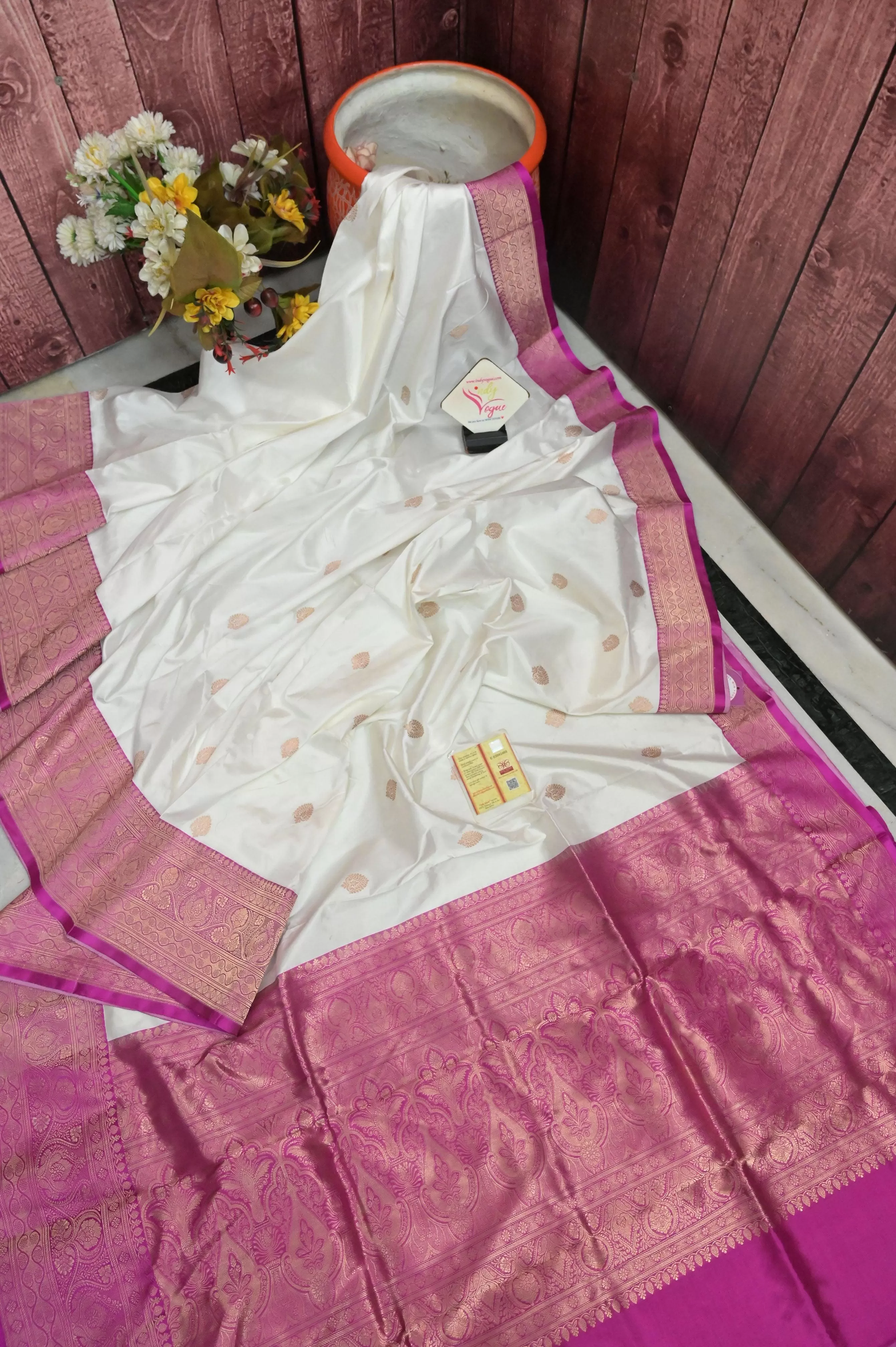 White and Magenta Color katan Banarasi Saree with Allover Butta Work