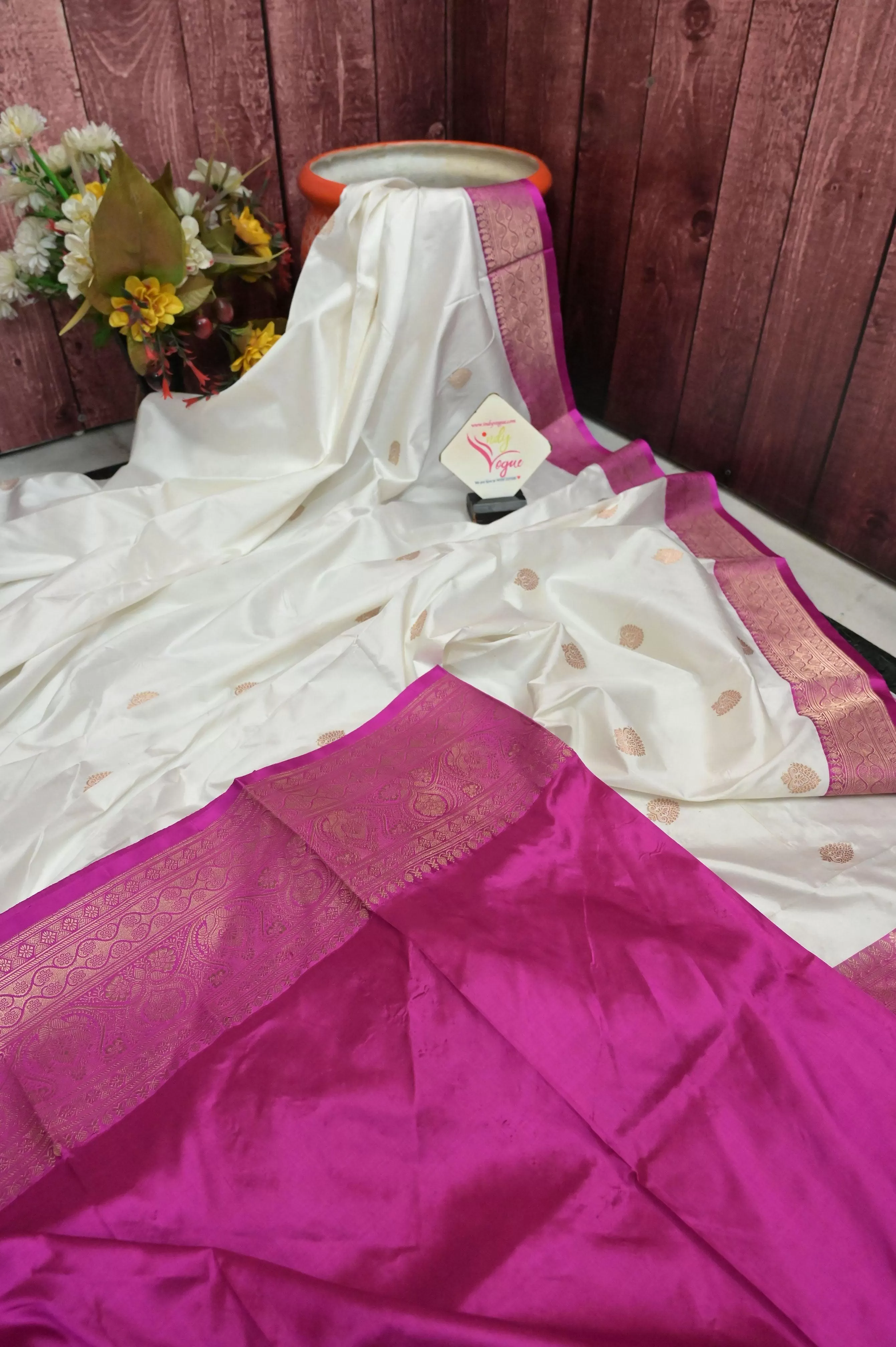 White and Magenta Color katan Banarasi Saree with Allover Butta Work